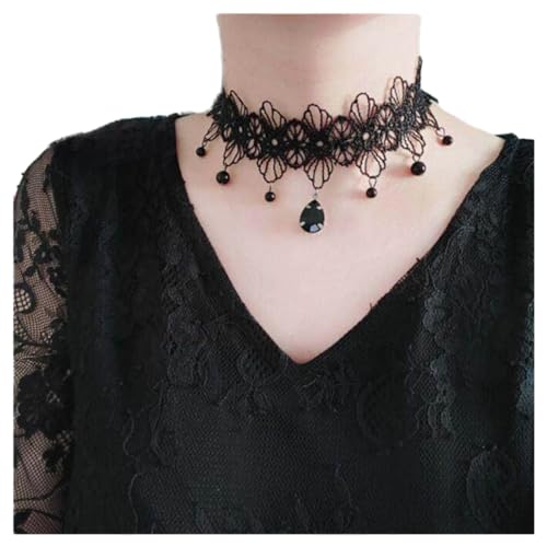 Inilbran Boho Blume Spitze Choker Halskette Vintage Teardrop Kristall Schlüsselbein Halskette Gothic Spitze Halskette Schwarz Wassertropfen Cz Anhänger Halskette Choker Schmuck Für Frauen(Stil A) von Inilbran