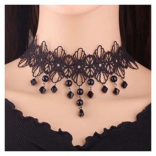 Inilbran Boho Blume Spitzenkette Gothic Fransen Kristall Halskette Halsband Vintage Spitze Tattoo Halsband Halskette Schwarz Wassertropfen Spitze Schlüsselbein Kette Halskette Schmuck(Stil B) von Inilbran