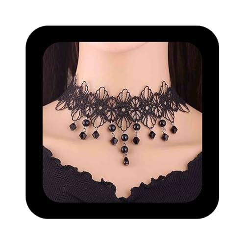 Inilbran Boho Blume Spitzenkette Gothic Fransen Kristall Halskette Halsband Vintage Spitze Tattoo Halsband Halskette Schwarz Wassertropfen Spitze Schlüsselbein Kette Halskette Schmuck(Stil B) von Inilbran