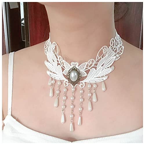 Inilbran Boho Choker Halskette mit weißer Spitze weiße Fransen Kristall Halskette Gothic drapiert Kristall Spitzen Halskette Vintage Cz Wassertropfen Halskette Kettenschmuck (Stil A) von Inilbran