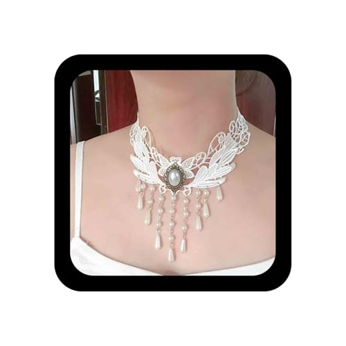 Inilbran Boho Choker Halskette mit weißer Spitze weiße Fransen Kristall Halskette Gothic drapiert Kristall Spitzen Halskette Vintage Cz Wassertropfen Halskette Kettenschmuck (Stil A) von Inilbran