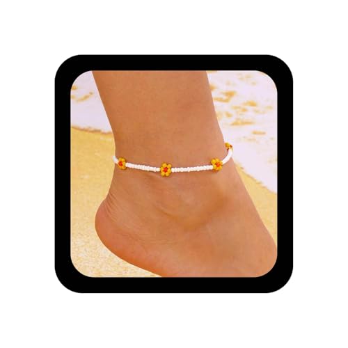 Inilbran Boho Daisy Perlen -Knöchelarmband Vintage Samen Perlen Knöchelkette gelbe Daisy Fußkette Verstellbares Blütenglied Armband Accessoires für Frauen von Inilbran