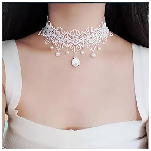 Inilbran Boho Flower Lace Choker Halskette Vintage Wassertropfen Kristall Anhänger Halskette Gothic White Lace Halskette Tiny Teardrop Cz Halskette Schmuck für Frauen und Mädchen (Stil B) von Inilbran