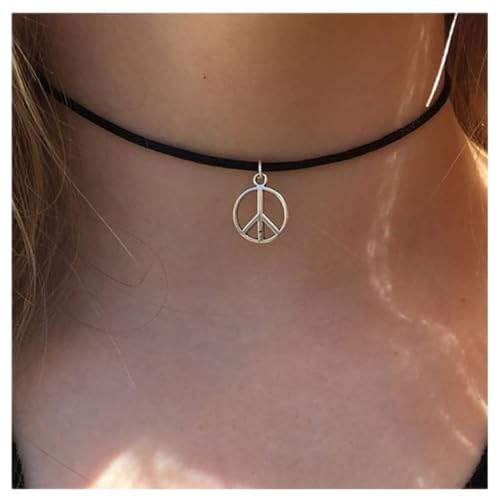 Inilbran Boho Frieden Halskette Choker Schwarz Leder Choker Halskette Silber Liebe Frieden Halskette Hippie Kreis Anhänger Halsketten Schmuck Für Frauen Und Mädchen von Inilbran