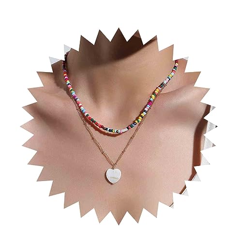 Inilbran Boho Geschichtet Herz Anhänger Halskette Regenbogen Samen Perle Halskette Vintage Glasperlen Halskette Personalisierte Herz Halskette Bunte Perle Kette Halskette Schmuck Für Frauen Und von Inilbran