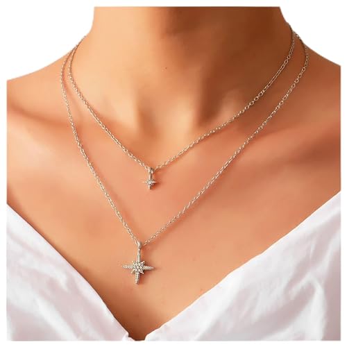 Inilbran Boho Geschichtet Kristall Northstar Choker Halskette Silber Strass Northstar Halskette Choker Vintage Stern Anhänger Halskette Funkelnde Cz Kristall Stern Halskette Kette Schmuck Für Frauen von Inilbran