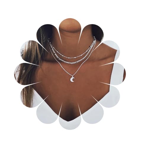 Inilbran Boho Geschichtet Mond Choker Halskette Silber Mond Anhänger Halskette Vintage Mondsichel Halskette Personalisierte Mond Figaro Halskette Schmuck Für Frauen Und Mädchen von Inilbran
