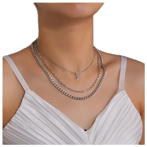 Inilbran Boho Geschichtet Mondsichel Choker Halskette Vintage Panzerkette Halskette Mehrschichtige Dicke Kette Halskette Silber Mond Anhänger Halskette Schmuck Für Frauen Und Mädchen von Inilbran