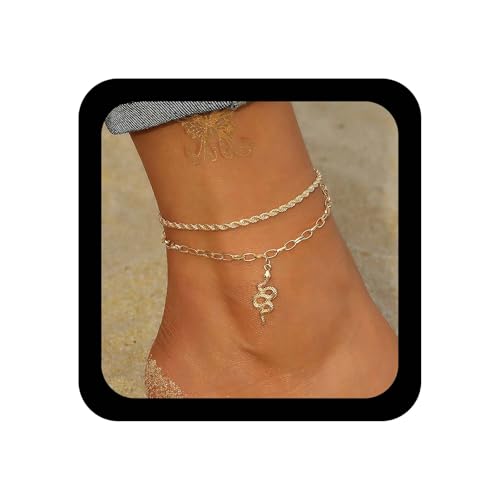 Inilbran Boho Geschichtet Schlange Knöchel Armband Vintage Schlange Büroklammer Knöchel Kette Gold Welle Serpent Fuß Seil Kette Verstellbare Link Fußkettchen Armband Zubehör Für Frauen von Inilbran