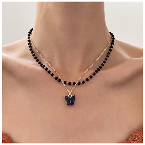 Inilbran Boho Geschichtet Schmetterling Halskette Schwarz Acryl Schmetterling Anhänger Halskette Schwarz Perlen Choker Halskette Gothic Schwarz Harz Schmetterling Halskette Schmuck Für Frauen Und von Inilbran