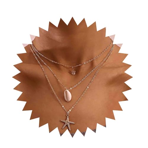 Inilbran Boho Geschichtet Shell Anhänger Halskette Vintage Seestern Choker Halskette Gold Kristall Kette Halskette Mehrschichtige Cz Kauri Seestern Halskette Schmuck Für Frauen von Inilbran