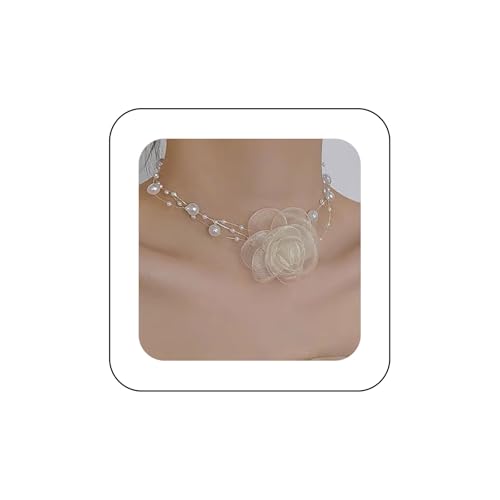 Inilbran Boho Geschichtet Weiße Blume Perlenkette Vintage Spitze Kamelie Choker Halskette Weiße Perle Strang Halskette Verstellbare Spitze Rose Blume Perlenkette Schmuck Für Frauen von Inilbran