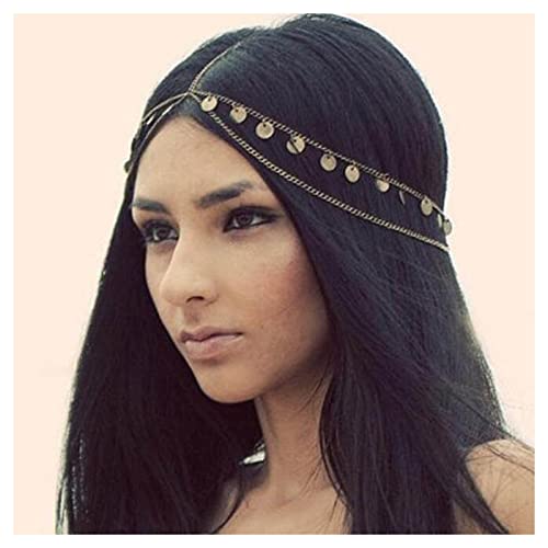 Inilbran Boho Geschichtete Kopfkette Goldscheibe Anhänger Kopfkette Gold Haarkette Zigeuner Münze Haarkette Kopfschmuck Zubehör Für Frauen Und Mädchen von Inilbran