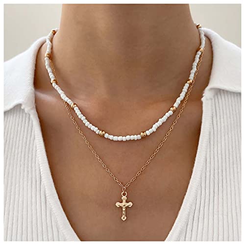 Inilbran Boho Geschichtetes Kreuz Choker Halskette Gold Vintage Kreuz Anhänger Halskette Weiße Samen Perlen Kette Halskette Weißer Reis Perlen Halskette Schmuck Für Frauen Und Mädchen von Inilbran