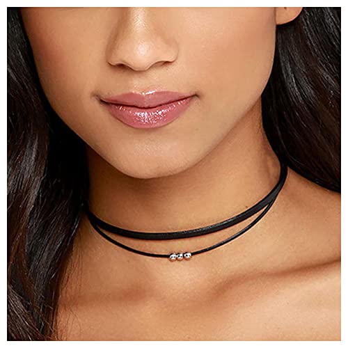 Inilbran Boho Geschichtetes Lederseil Halskette Choker Schwarzes Leder Cord Choker Halskette Gothic Leder Wildleder Halskette Kette Kurz Schwarzes Halsband Halskette Schmuck Für Frauen Und Mädchen von Inilbran