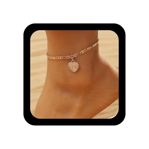 Inilbran Boho Herz Knöchel Armband Vintage Anfängliche M Figaro Fuß Kette Gold Liebe Herz Fußkettchen Kette Einstellbar Liebe Brief Link Armband Zubehör Für Frauen von Inilbran