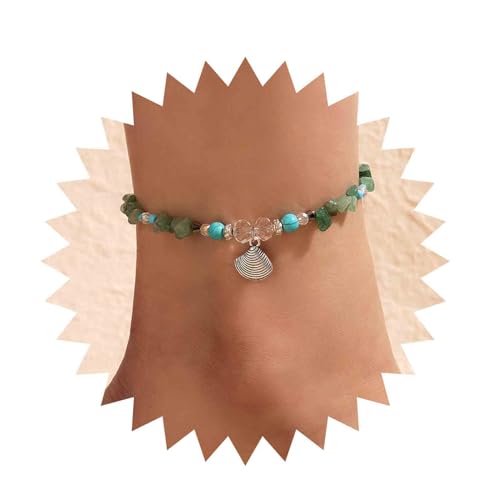 Inilbran Boho Jakobsmuschel Anhänger Knöchel Armband Unregelmäßig Grün Perlen Fußkettchen Armband Vintage Kies Kette Fußkettchen Türkis Fußkettchen Klar Kristall Fußkette Schmuck Für Frauen Und von Inilbran