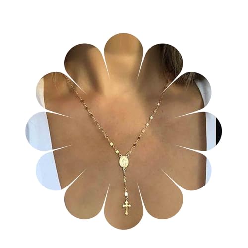 Inilbran Boho Jungfrau Maria Y Halskette Religiöse Münze Halskette Choker Goldscheibe Halskette Kreuz Kruzifix Anhänger Halskette Kettenschmuck Für Frauen Und Mädchen von Inilbran