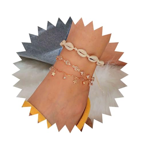 Inilbran Boho Kaurimuschel Muschel Knöchel Armband Geschichtet Kristall Fußkettchen Armband Stern Anhänger Fußkettchen Gold Cz Quaste Fußkettchen Fußkette Schmuck Für Frauen Und Mädchen 3pcs von Inilbran
