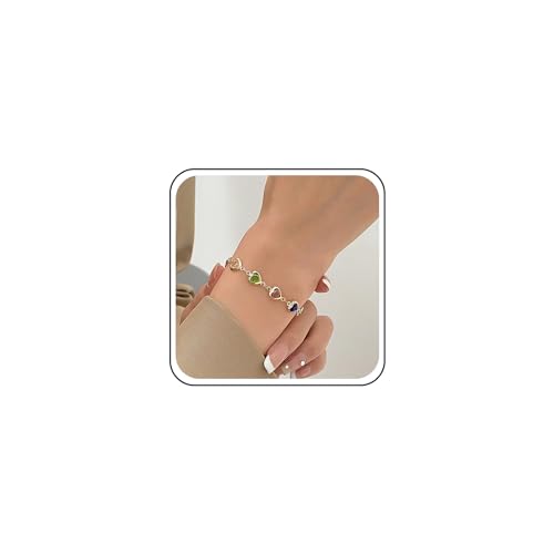 Inilbran Boho Kristall Herz Armband Bunt Liebe Herz Armband Regenbogen Edelstein Herz Armband Vintage Liebe Herz Gliederarmband Schmuck Für Frauen Und Mädchen (Gold) von Inilbran