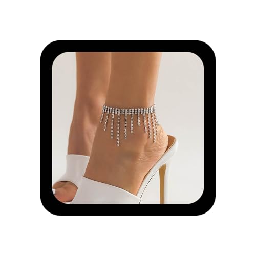 Inilbran Boho Kristall Quaste Knöchel Armband Vintage Glitter Tennis Fußkette Silber Langfranter KNotenkette Einstellbare CZ Wasserfall Quasten Link Armband Accessoires für Frauen von Inilbran