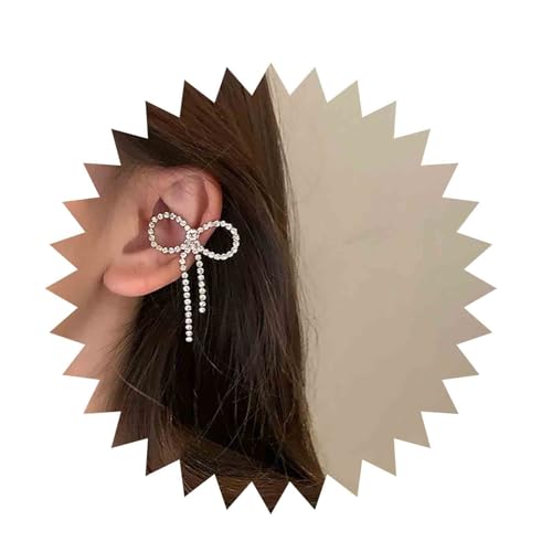 Inilbran Boho Kristallschleife Ohrclip Ohrringe Vintage Silber CZ Knorpel Ohrclips Strass Schleife Clip Manschettenohrringe Minimalistische Schleife Wrap Creolen Kein Piercing Ohrringe Schmuck (links) von Inilbran