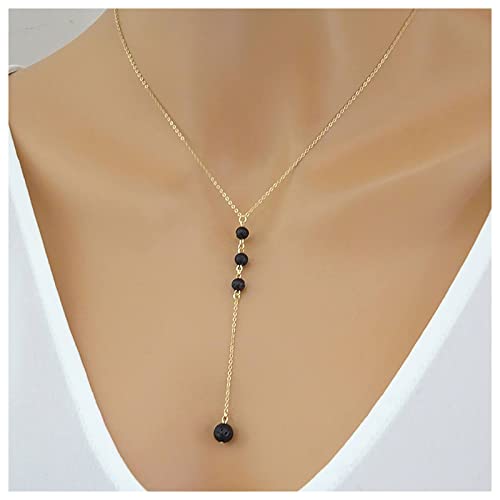 Inilbran Boho Lava Bead Lariat Y Halskette Schwarz Lava Rock Stone Bead Halskette Vintage Lava Bead Y Lariat Halskette Kette Runde Naturstein Y Drop Halskette Schmuck Für Frauen Und Mädchen von Inilbran