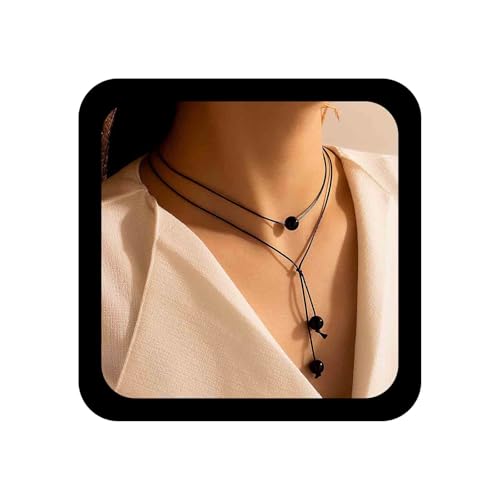 Inilbran Boho Layered Leather Necklace Black Leather Cord Choker Halskette Gothic Long Y Halskette Chain Black Ball Bead Y Drop Halskette Schmuck für Frauen und Mädchen von Inilbran
