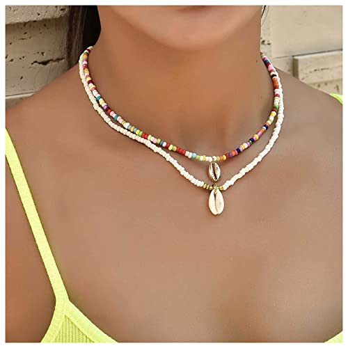 Inilbran Boho Vintage Rainbow Kauri Muschel Halskette Choker Bunte Reisperlen Kette Schmuck für Frauen und Mädchen von Inilbran