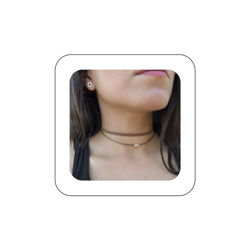 Inilbran Boho Layered Velvet Choker Halskette - Braune Lederschnur Gothic Ribbon Sihort Suede Kettenschmuck Für Frauen Und Mädchen von Inilbran