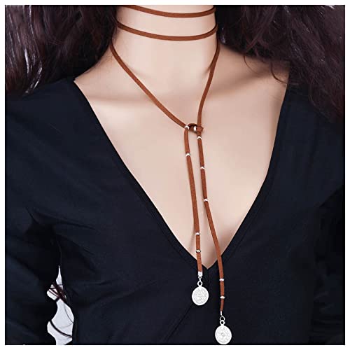 Inilbran Boho Layered Velvet Halskette Brown Suede Y Lariat Halskette Gothic Disc Coin Y Drop Halskette Lange Quastenkette Halskette Schmuck für Damen und Mädchen von Inilbran