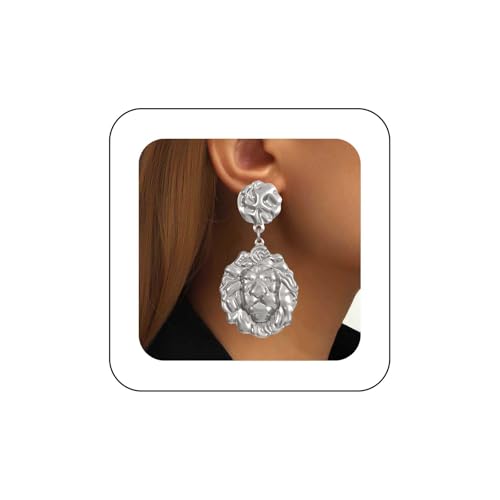 Inilbran Boho Löwe Baumeln Ohrringe Vintage Texturiert Löwe Ohrringe Silber Löwe Münze Tropfen Ohrringe Punk Gehämmert Scheibe Ohrstecker Schmuck Für Frauen von Inilbran