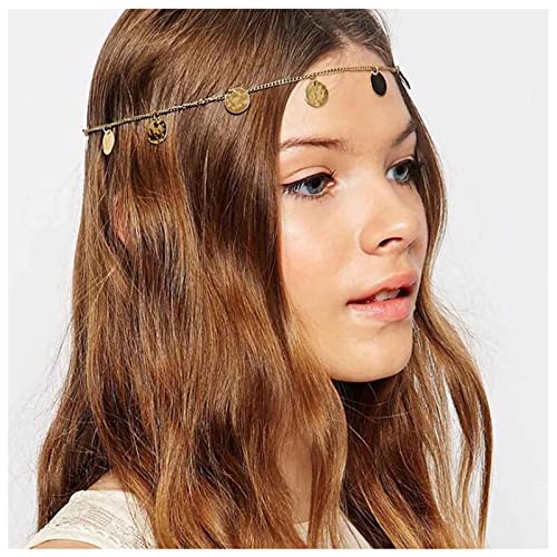 Inilbran Boho Münzkopf Kette Stirnband Vintage Goldscheibe Haarkette Kopfschmuck Gold Pailletten Stirnband Kopfschmuck Kostüm Haarschmuck Schmuck für Frauen und Mädchen von Inilbran