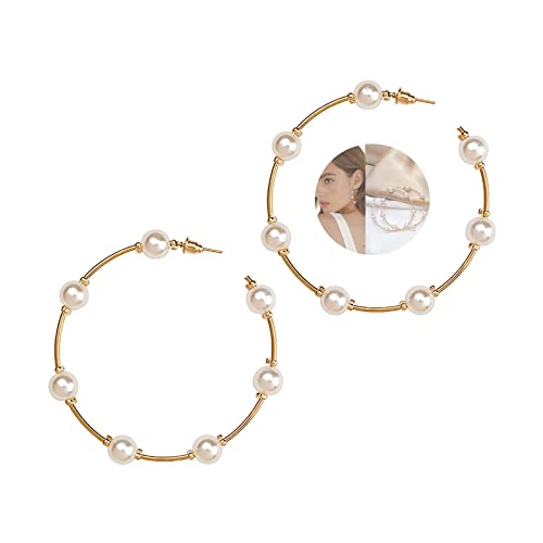 Inilbran Boho Open Large Circle Ohrringe Round Beads Pearl Creolen Gold Pearl Huggies Creolen Retro Pearl Dangling Ohrringe Schmuck für Frauen und Mädchen (größer) von Inilbran
