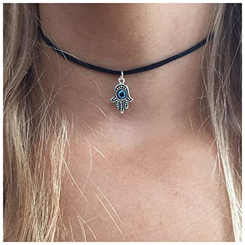 Inilbran Boho Palme Anhänger Halskette Hamsa Hand Halskette Kette Böses Auge Choker Halskette Samt Seil Hamsa Clavicle Halskette Schmuck Für Frauen Und Mädchen von Inilbran