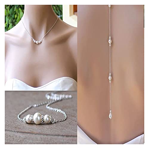 Inilbran Boho Pearl Back Halsketten Lange Pearl Cz Backdrop Halsketten Silver Pearl Back Chain Halskette Vintage Crystal Body Chain Halskette Summer Body Jewelry für Frauen und Mädchen von Inilbran