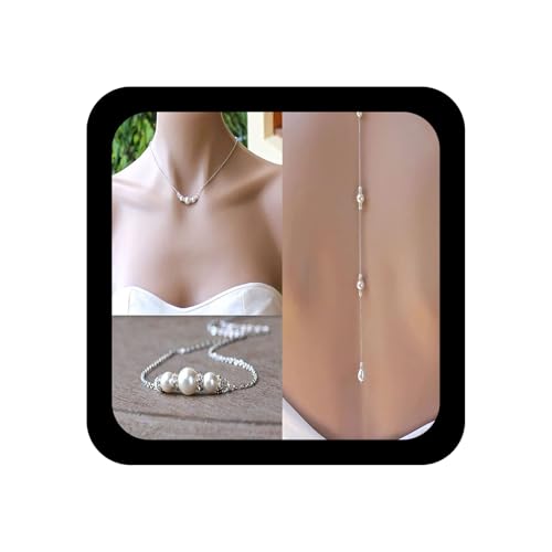 Inilbran Boho Pearl Back Halsketten Lange Pearl Cz Backdrop Halsketten Silver Pearl Back Chain Halskette Vintage Crystal Body Chain Halskette Summer Body Jewelry für Frauen und Mädchen von Inilbran