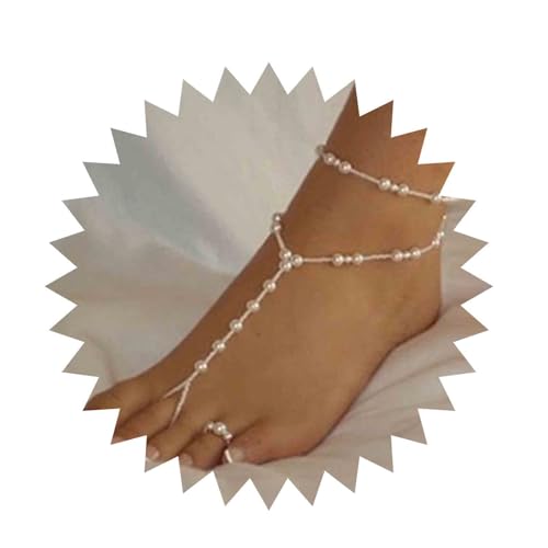 Inilbran Boho Perle Barfuß Sandalen Kette Weiße Perle Zehe Link Fußkettchen Armband Vintage Perle Zehenring Kette Fußkettchen Geschichtet Perle Knöchel Armband Strand Fuß Kette Schmuck Für Frauen Und von Inilbran