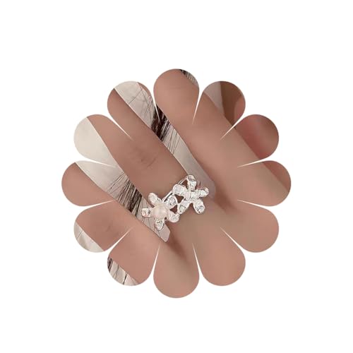 Inilbran Boho Perle Blume Fingerring Vintage Doppelte Blume Wickeln Offenen Ring Silber Blume Offen Knöchel Rings Zopf Blumen Einstellbar Stapeln Rings Schmuck Für Frauen von Inilbran