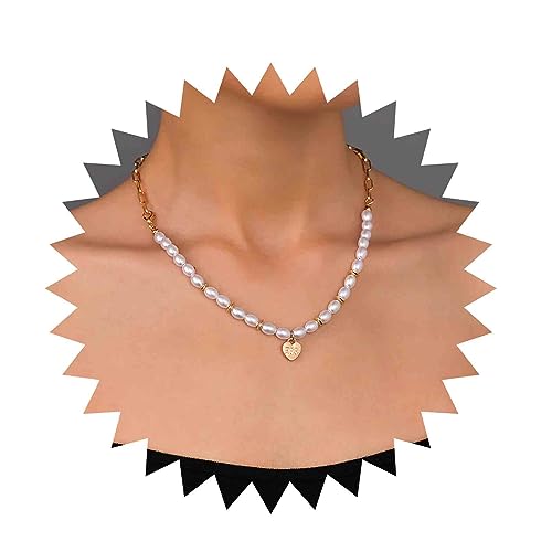 Inilbran Boho Perle Herz Anhänger Halskette Vintage Stitching Perlenkette Gold Liebe Herz Choker Halskette Mismatch Büroklammer Kette Halskette Schmuck Für Frauen Und Mädchen von Inilbran