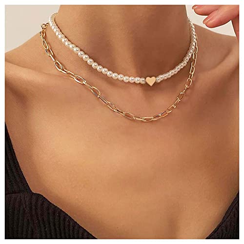 Inilbran Boho Perle Perlen Halskette Geschichtet Perle Choker Halskette Kette Gold Büroklammer Halsketten Punk Chunky Link Kette Liebe Herz Choker Halskette Schmuck Für Frauen Und Mädchen von Inilbran