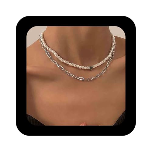 Inilbran Boho Perle Perlen Halskette Geschichtet Perle Choker Halskette Kette Gold Büroklammer Halsketten Punk Chunky Link Kette Liebe Herz Choker Halskette Schmuck Für Frauen Und Mädchen von Inilbran