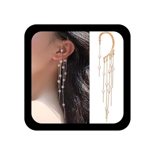 Inilbran Boho Perle Quaste Kette Manschette Ohrringe Perle Ohr Kletterer Knorpel Ohrringe Lange Perlenkette Tropfen Ohrringe Gold Ohr Manschette Wrap Crawler Ohrringe Schmuck für Frauen und Mädchen von Inilbran