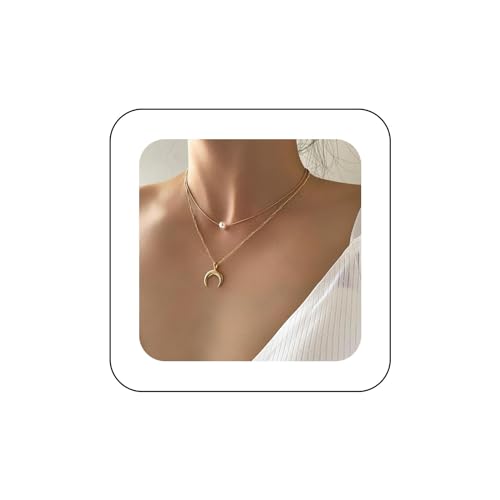 Inilbran Boho Perlen Choker Halskette Gold Mond Halskette Kette Geschichtet Mond Anhänger Halskette Vintage Perle Halskette Kette Schmuck Für Frauen Und Mädchen von Inilbran