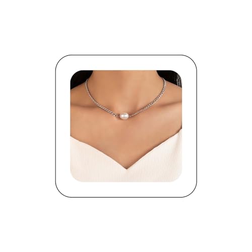Inilbran Boho Perlen-Choker-Halskette Silberne Perlen-Anhänger-Halskette Floating Pearl Halskette Choker Vintage Cuban Chain Necklace Jewelry for Women and Girls von Inilbran