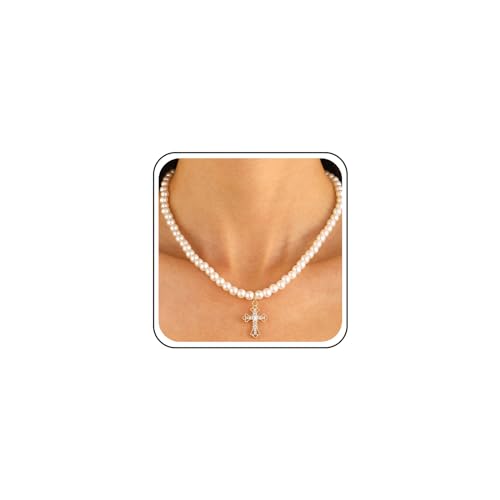 Inilbran Boho Perlenkette Choker Halskette Gold Nachahmung Perlen Halskette Vintage Kristall Kreuz Halskette Kette Glänzend Cz Gepflastert Kreuz Kruzifix Halskette Perlenkette Ohrringe Set von Inilbran