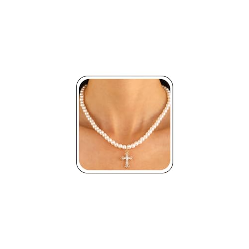 Inilbran Boho Perlenkette Choker Halskette Gold Nachahmung Perlen Halskette Vintage Kristall Kreuz Halskette Kette Glänzend Cz Gepflastert Kreuz Kruzifix Halskette Perlenkette Ohrringe Set von Inilbran