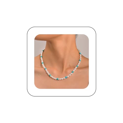 Inilbran Boho Perlenkette Choker Halskette Vintage Perle Türkis Halskette Weiße Perle Perlen Halskette Süßwasserperlen Halskette Kettenschmuck Für Frauen Und Mädchen von Inilbran