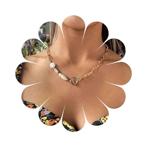 Inilbran Boho Perlenkette Halskette Barock Perlenkette Halskette Gold Büroklammer Kette Halskette Unregelmäßig Perlenkette Halskette Vintage Knebelverschluss T Bar Halskette Halskette Für Frauen von Inilbran