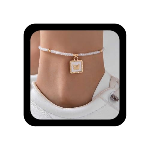 Inilbran Boho Quadrat Fußkettchen Armband Vintage Saatgut Perlen Fuß Kette Weiß Reis Perle Knöchel Kette Einstellbar Quadrat Link Armbänder Zubehör Für Frauen von Inilbran
